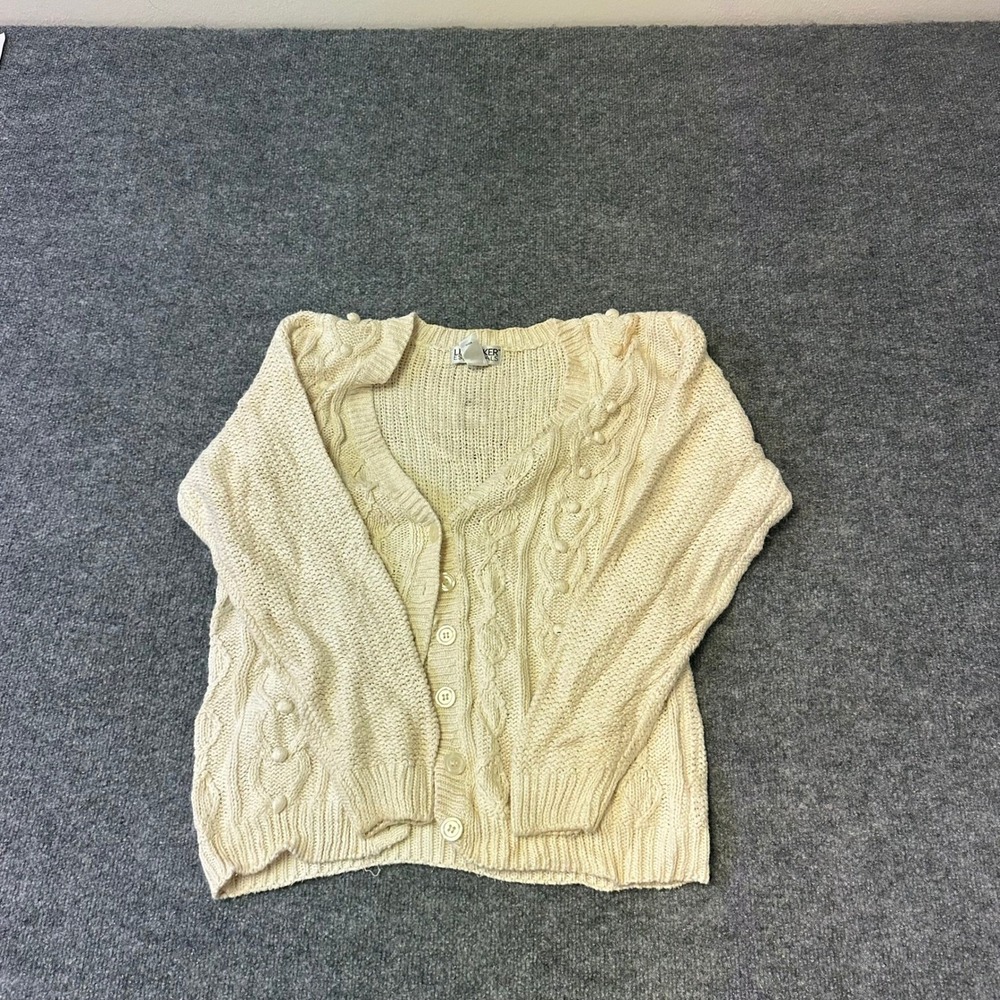 Liz Baker Cardigan Womens Size M Cream Ramie Cotton Cable Knit Pom Pom Button Up